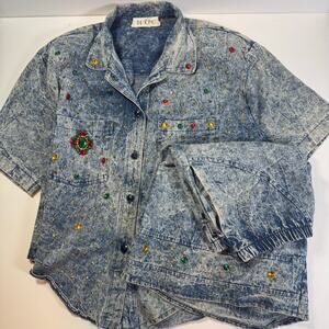 Vintage 80s Acid Wash Blue Denim SET Studs Jewels Retro Playful USA Made Small